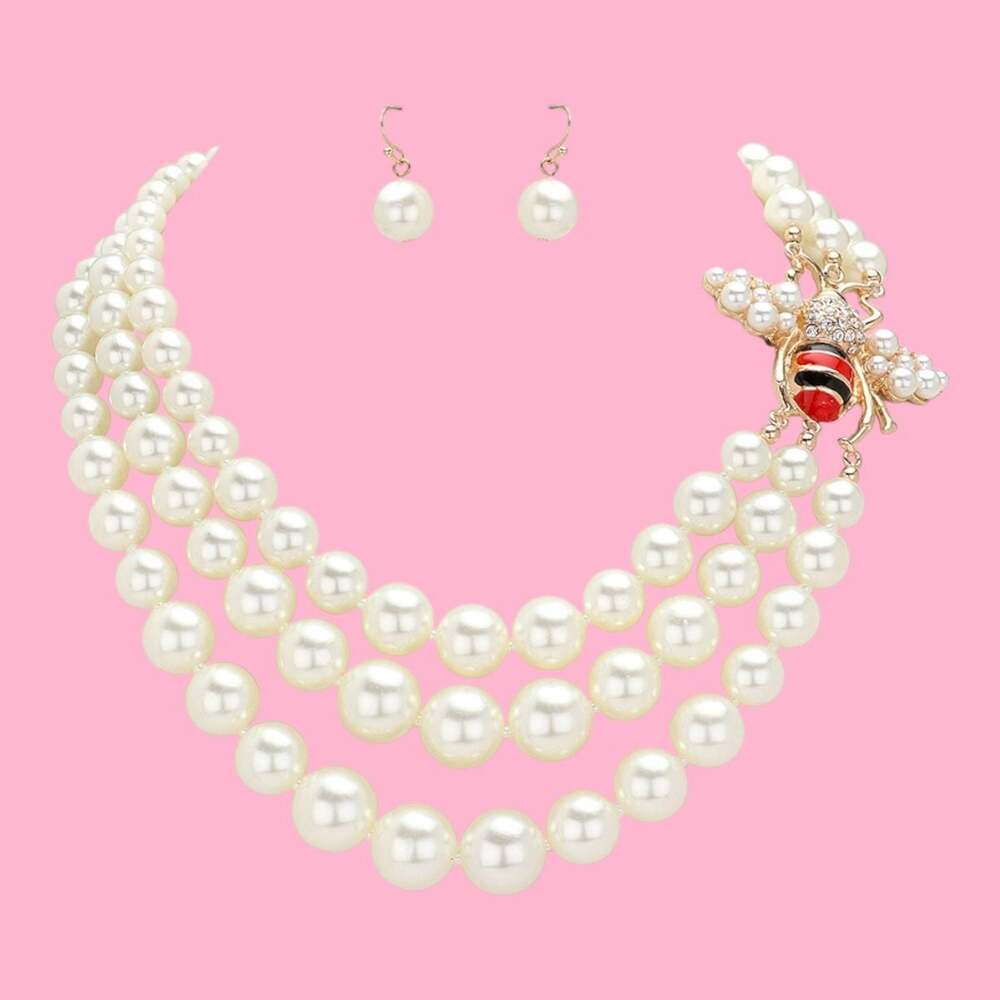 3-Strand Faux Pearl Bee Necklace and Earrings Jewelry Set
